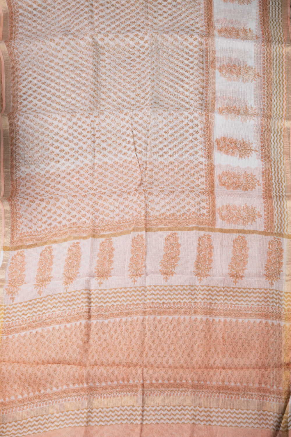 Creamy Orange Block Printed Kota Cotton saree - Image 2