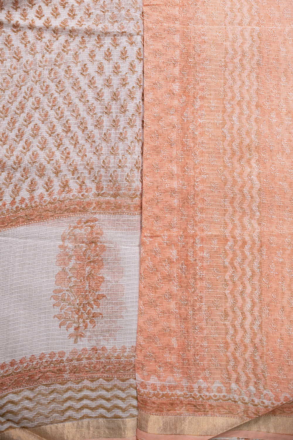 Creamy Orange Block Printed Kota Cotton saree - Image 4