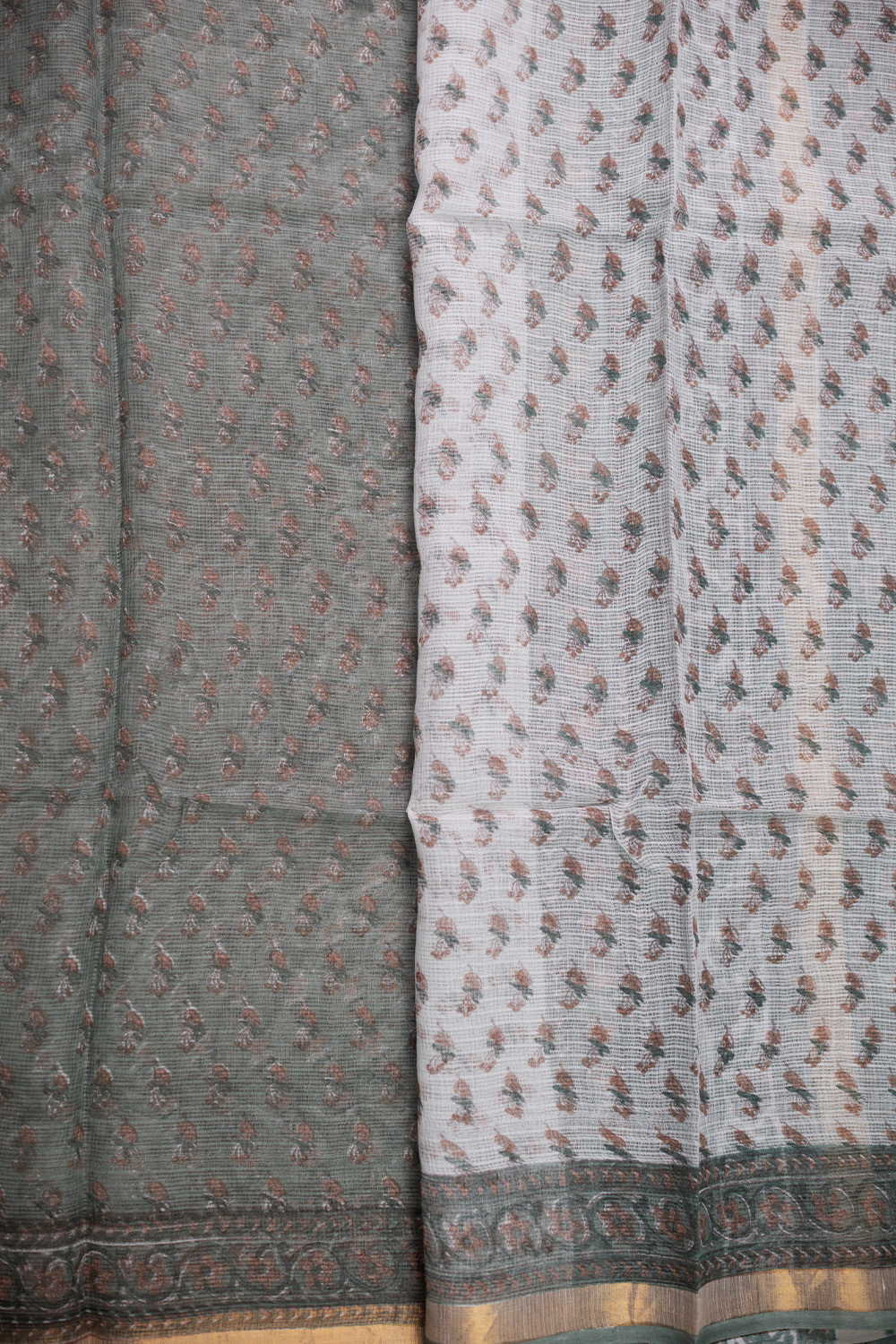 Floral Motifs on Green Block Printed Kota Cotton saree - Image 4