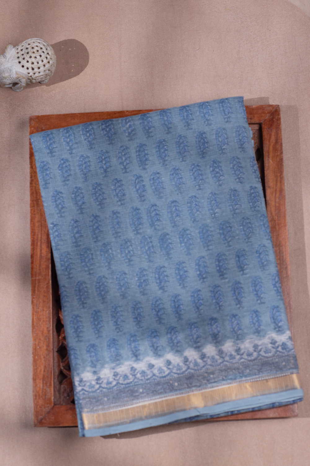 Pale Blue Block Printed Kota Cotton saree