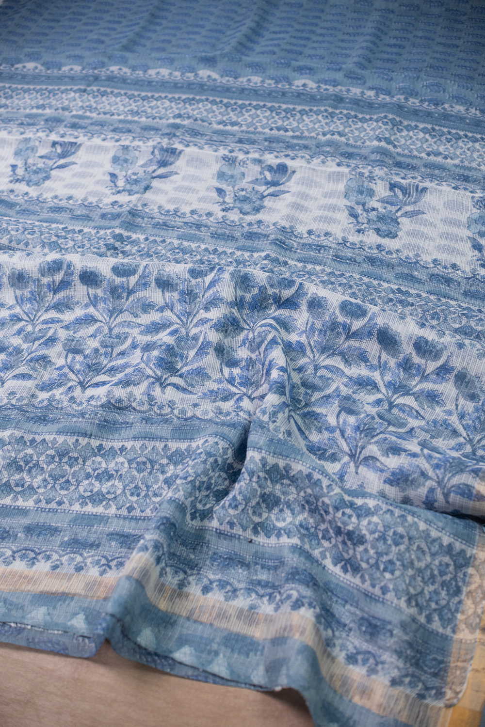 Pale Blue Block Printed Kota Cotton saree - Image 3