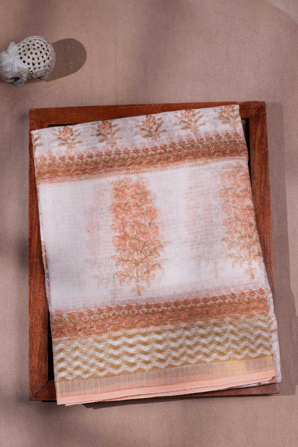 Orange Motifs on Cream Block Printed Kota Cotton saree