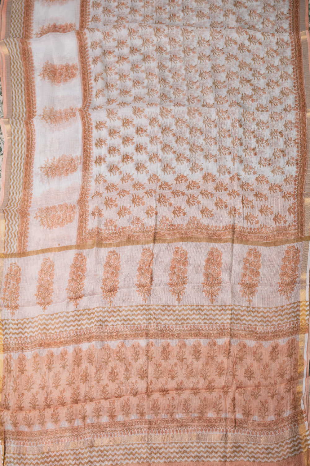 Orange Motifs on Cream Block Printed Kota Cotton saree - Image 2