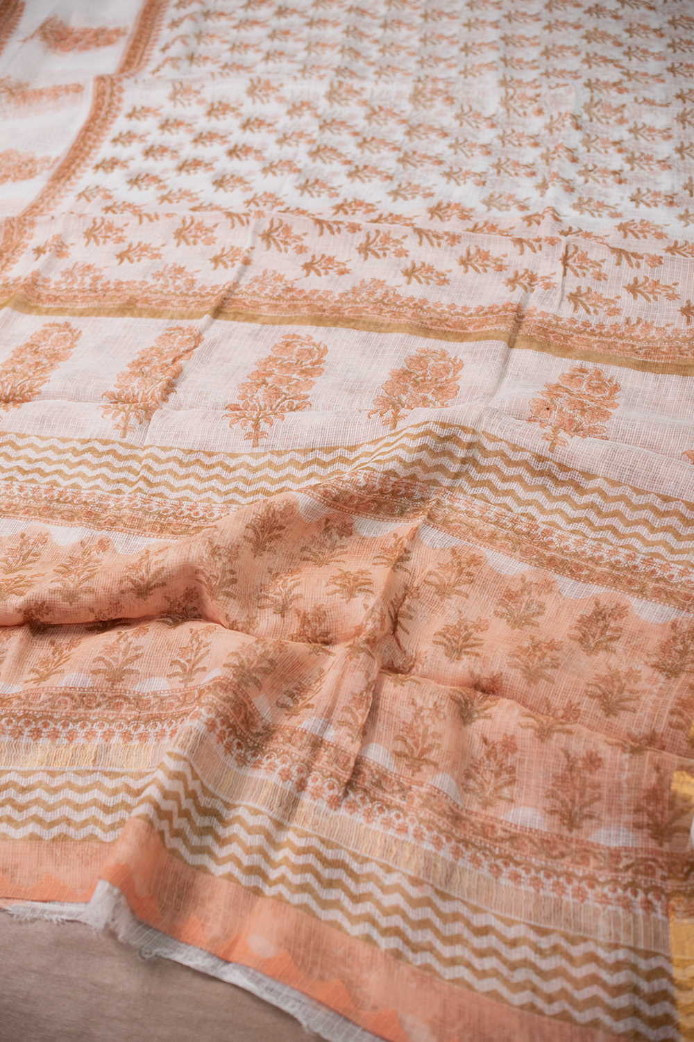Orange Motifs on Cream Block Printed Kota Cotton saree - Image 3