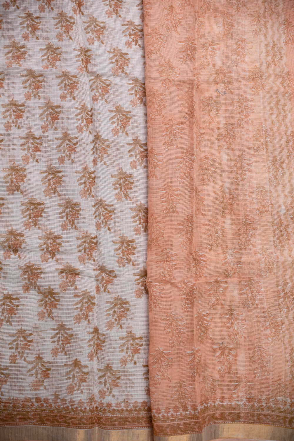 Orange Motifs on Cream Block Printed Kota Cotton saree - Image 4
