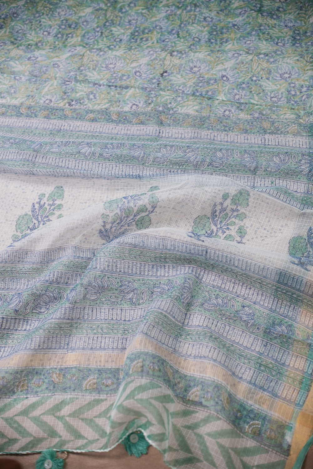 Floral Garden - Green Block Printed Kota Cotton saree - Image 3