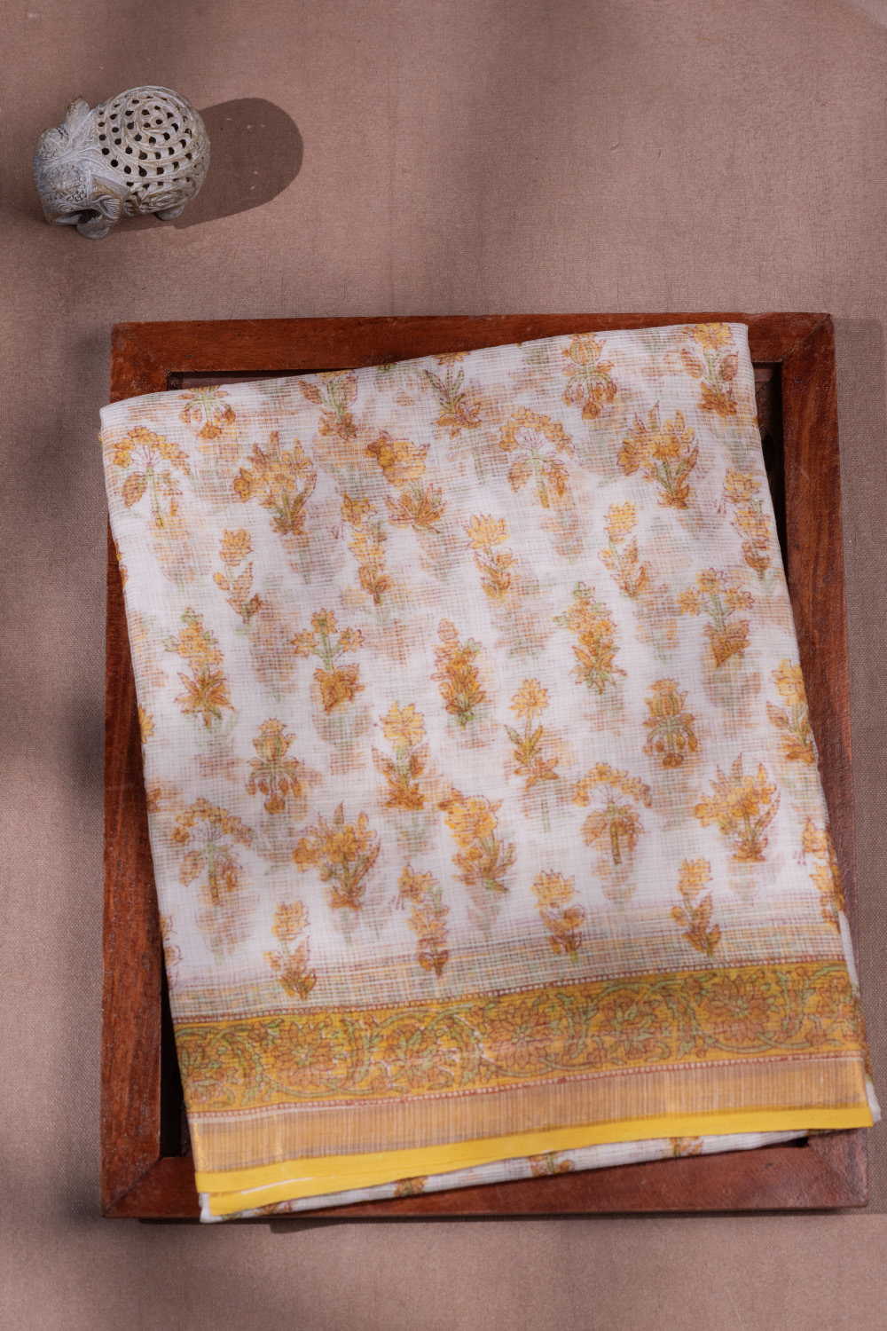 Yellow Blossom on Cream Block Printed Kota Cotton saree