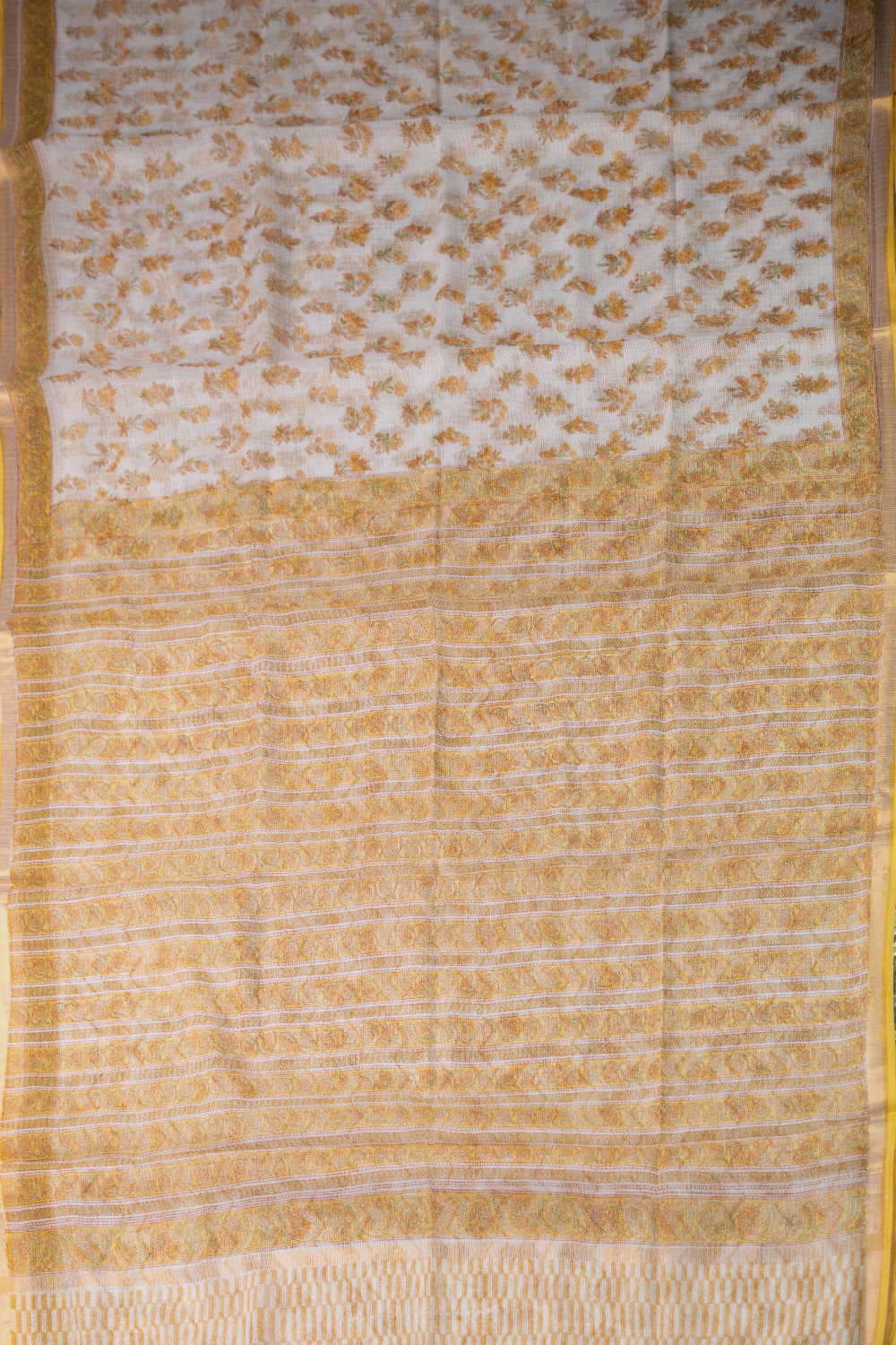 Yellow Blossom on Cream Block Printed Kota Cotton saree - Image 2