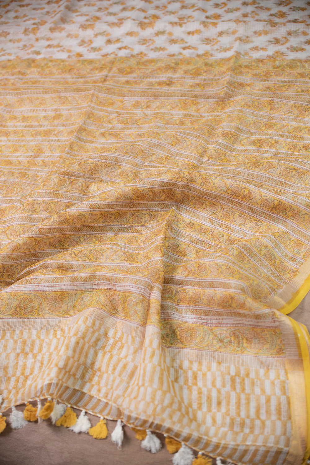 Yellow Blossom on Cream Block Printed Kota Cotton saree - Image 3