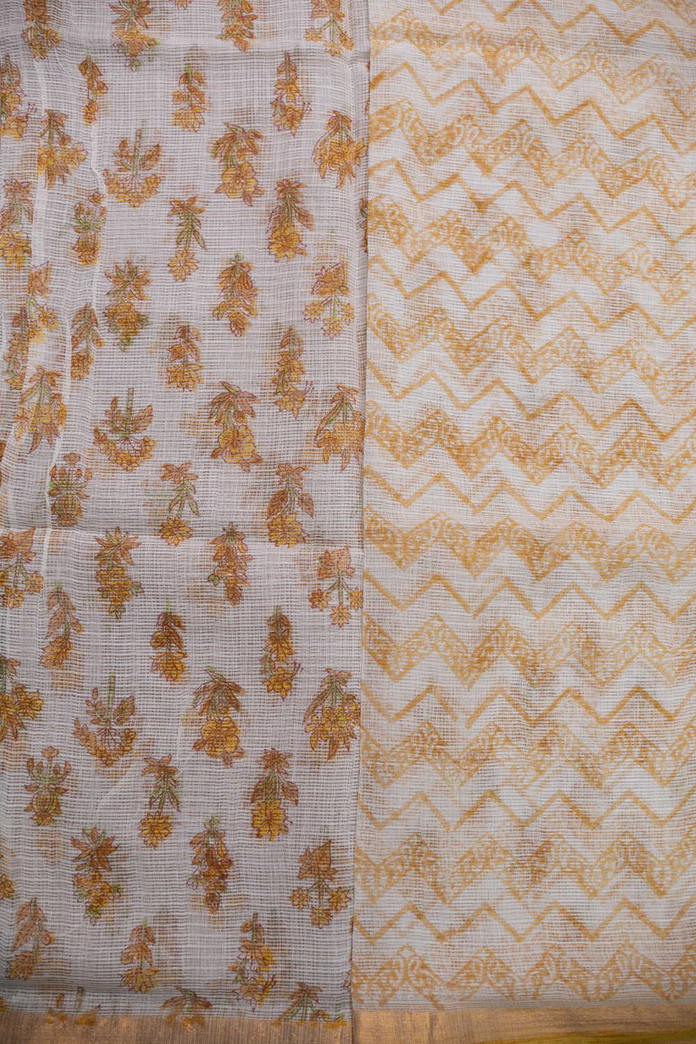 Yellow Blossom on Cream Block Printed Kota Cotton saree - Image 4