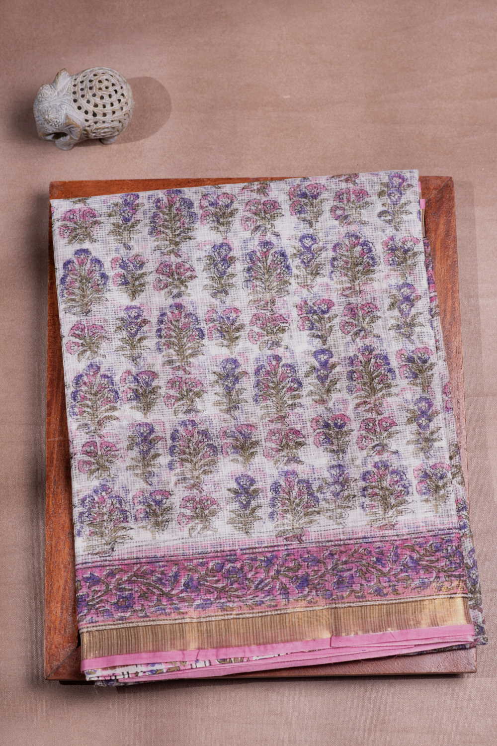 Cream- Block Printed Kota Cotton saree