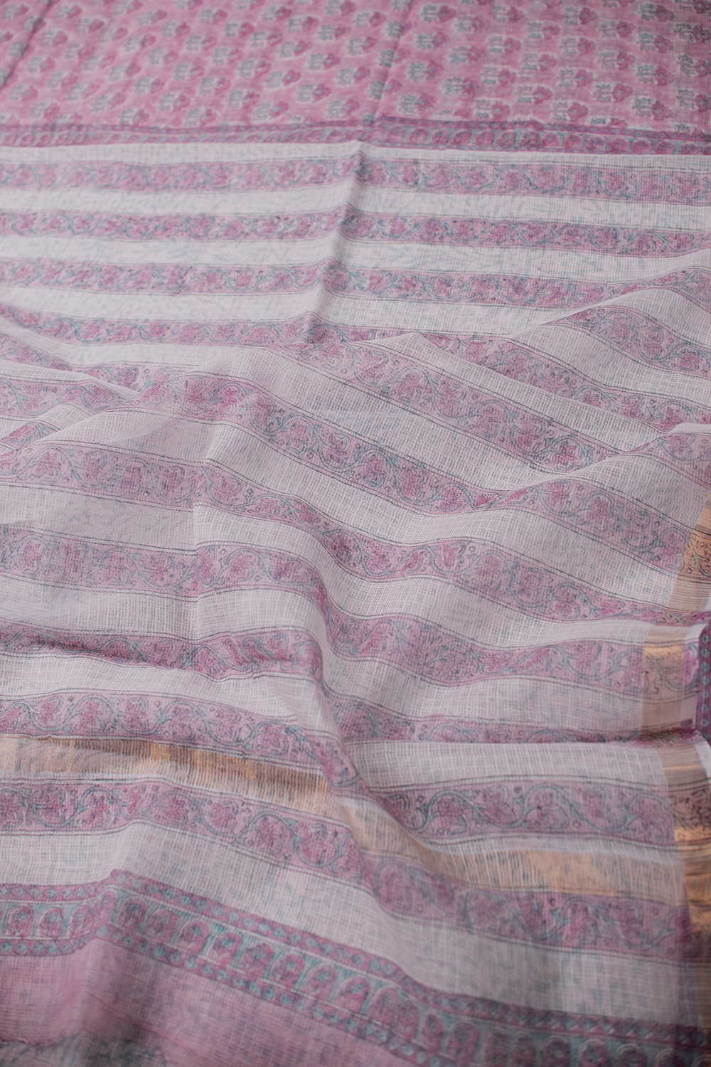 Pink with Motifs Block Printed Kota Cotton saree - Image 3