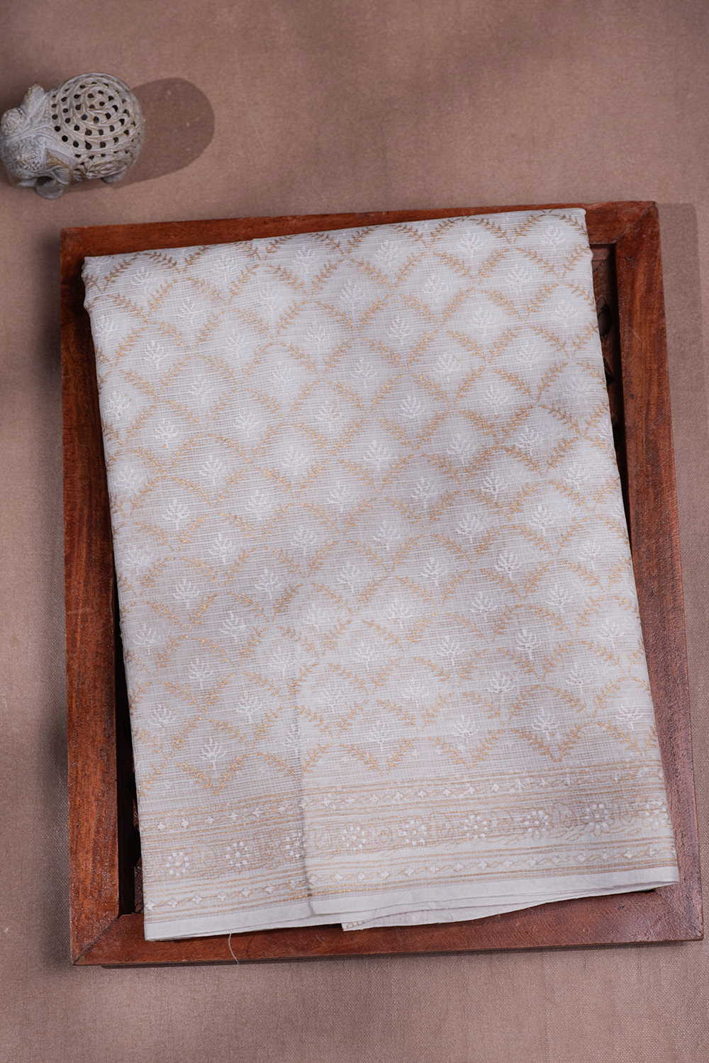 Diagonal Checks White with Gold Kadi print Kota Saree