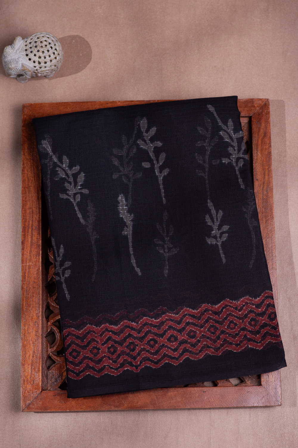 Leaf Motifs on Black Block Printed Kota Cotton saree