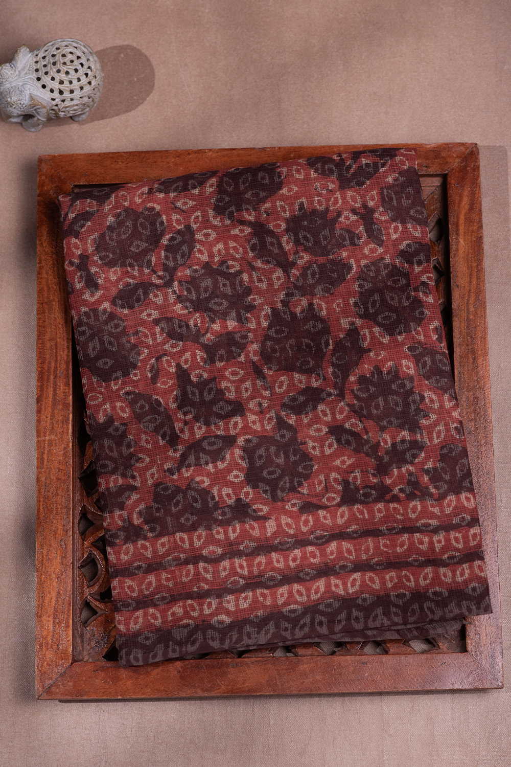 Floral on Rust Maroon Dabu Print Kota Cotton saree