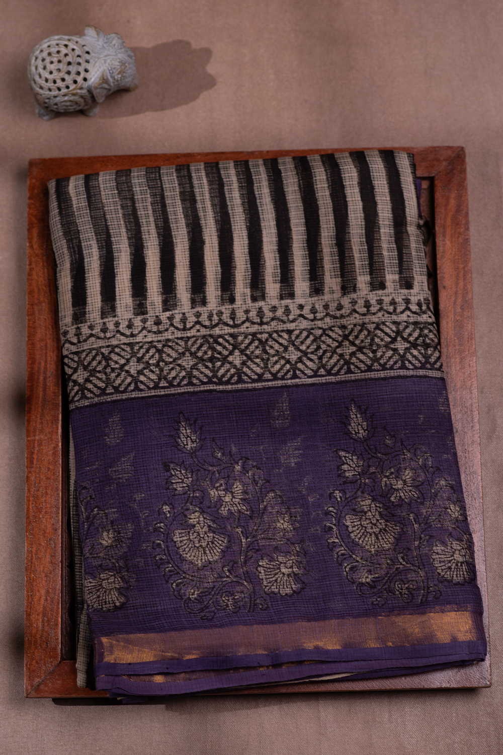 Stripe Pattern - Purple Border Block Printed Kota Cotton saree