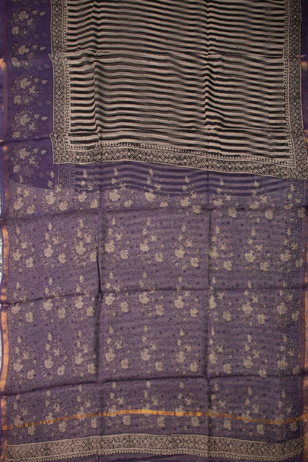 Stripe Pattern - Purple Border Block Printed Kota Cotton saree - Image 2