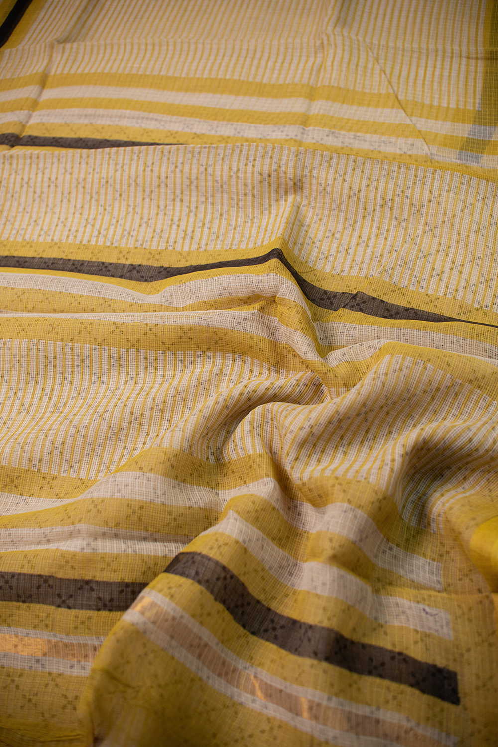 Yellow Stripe Block Printed Kota Cotton saree - Image 3