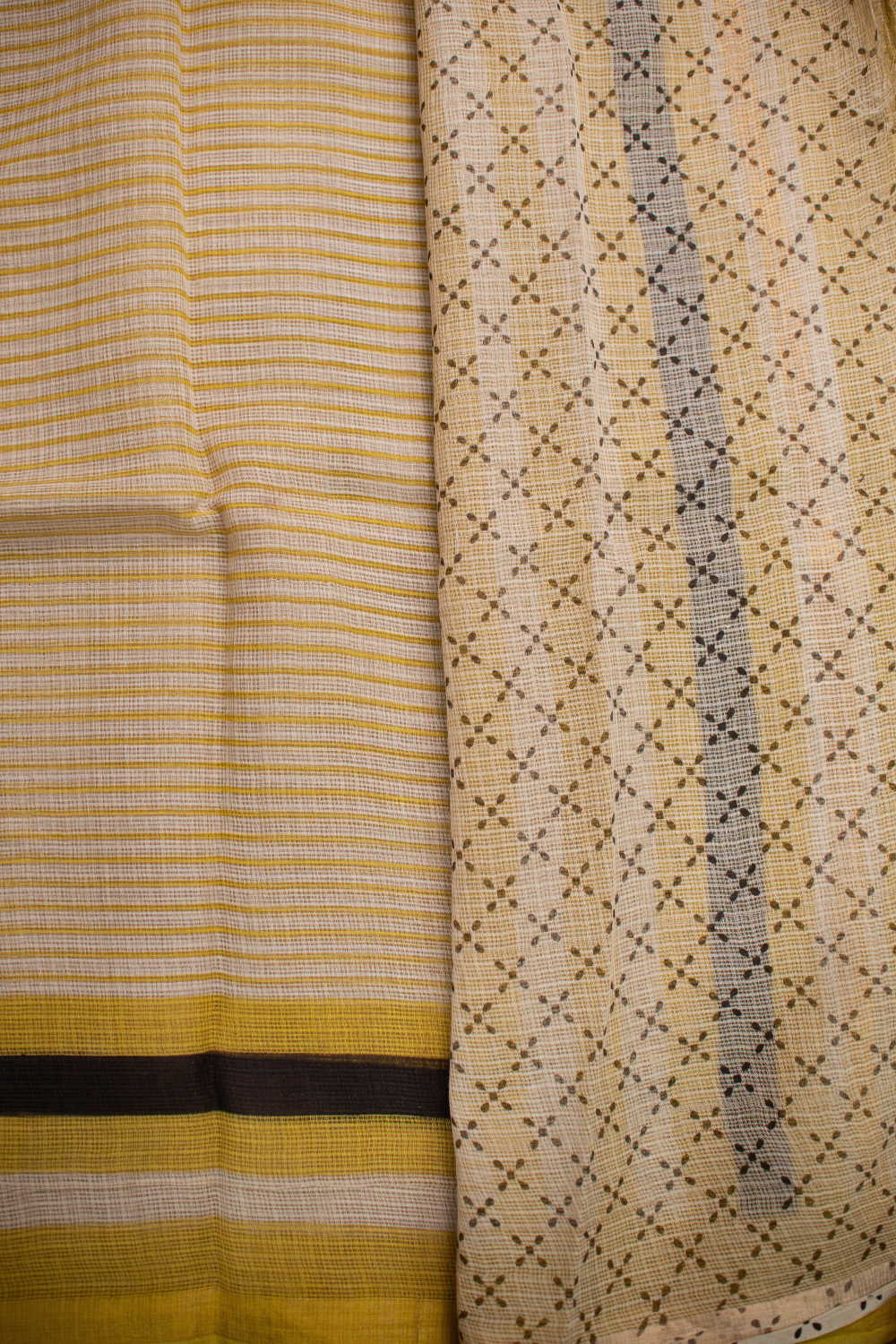 Yellow Stripe Block Printed Kota Cotton saree - Image 4