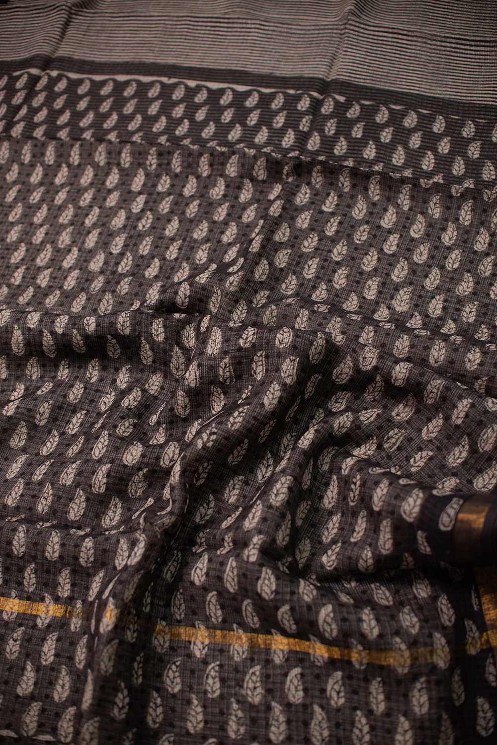 Stripe Pattern with Black Border Block Printed Kota Cotton saree - Image 3