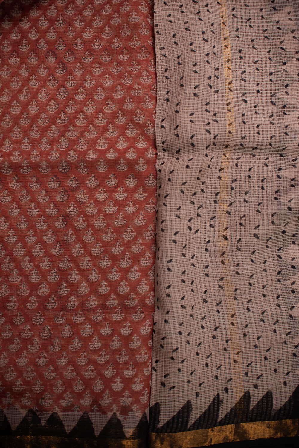 Maroon with Motifs Block Printed Kota Cotton saree - Image 4
