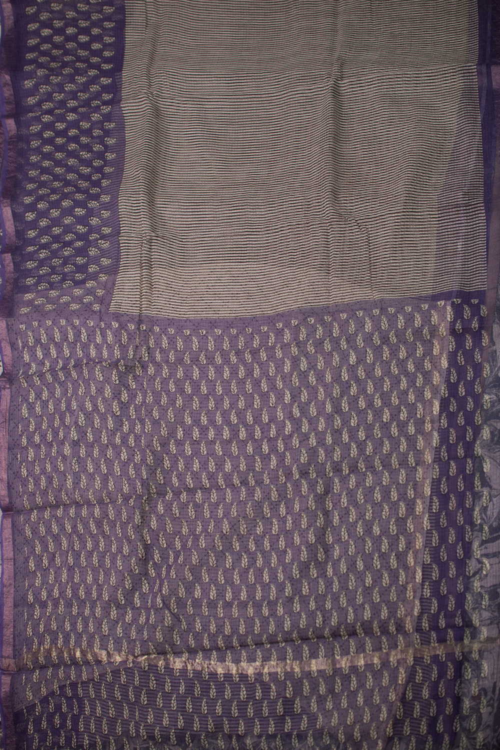 Purple Border with Black Stripe Block Printed Kota Cotton saree - Image 2