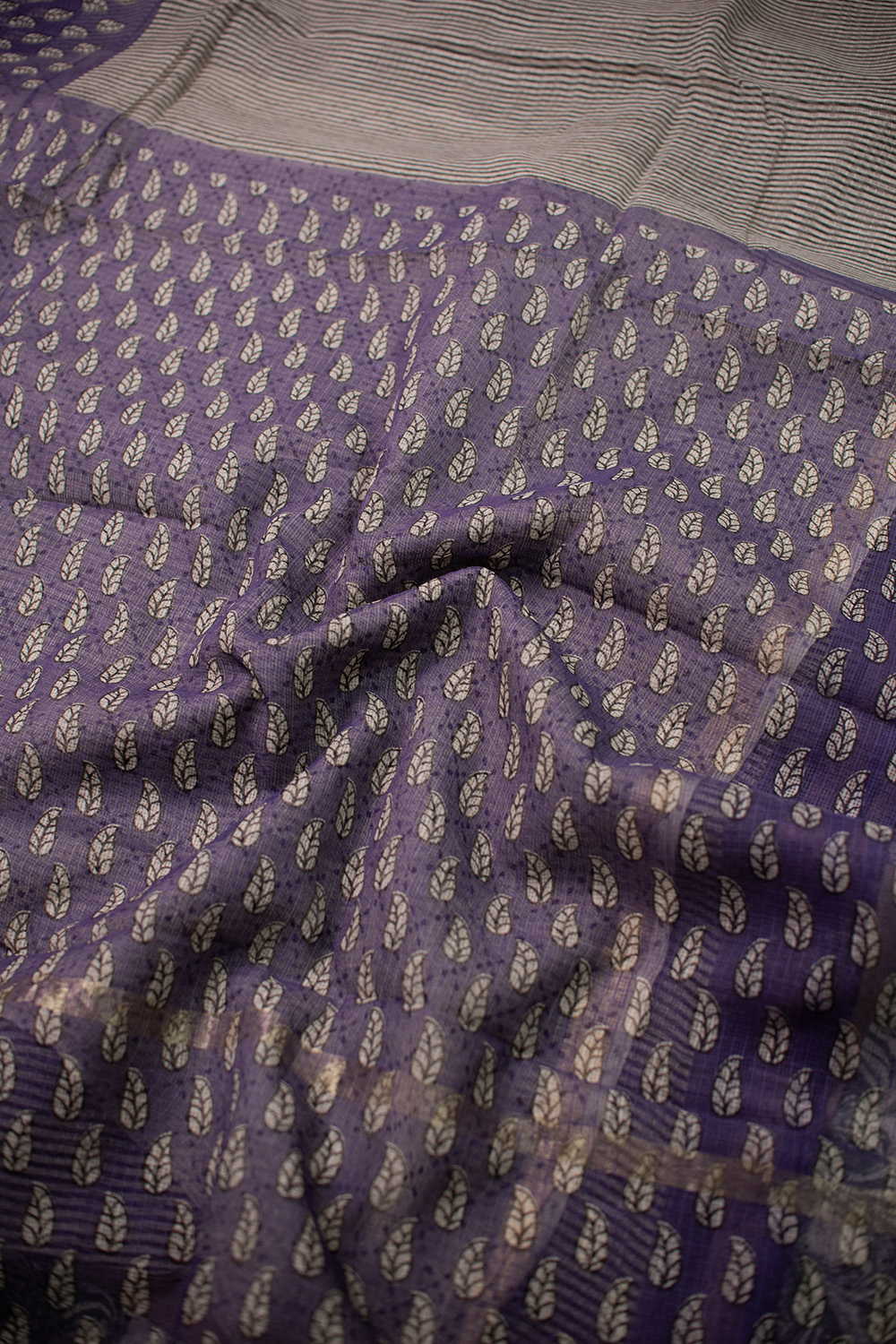 Purple Border with Black Stripe Block Printed Kota Cotton saree - Image 3