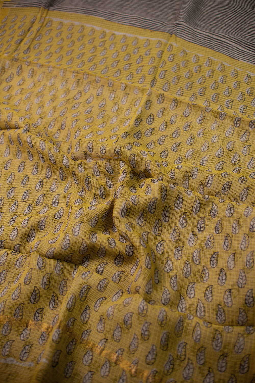Yellow Border with Stripe Block Printed Kota Cotton saree - Image 3