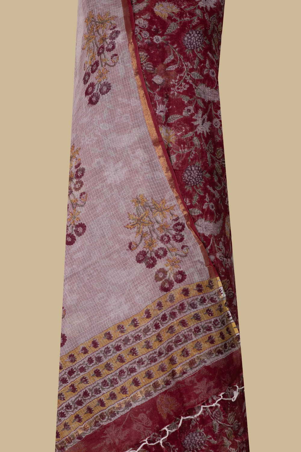 Maroon Garden Block Printed Kota Cotton Suit - Image 2