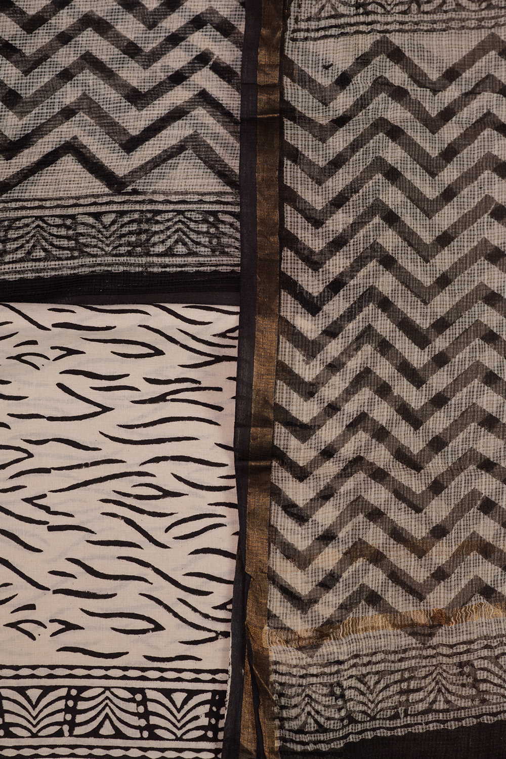 Black Zigzag on Cream Block Printed Kota Cotton Suit - Image 3