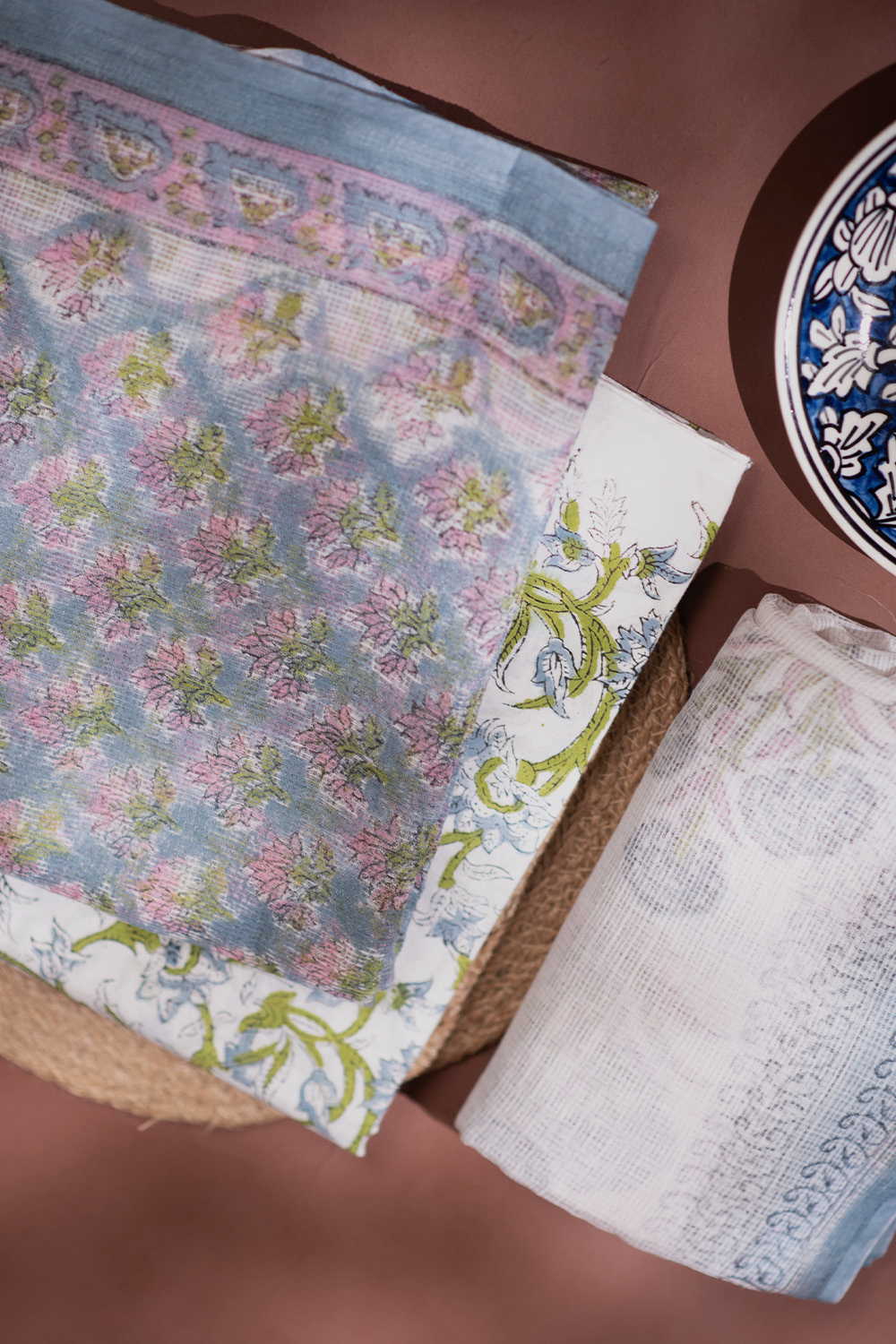 Creamy Blue Block Printed Kota Cotton Suit