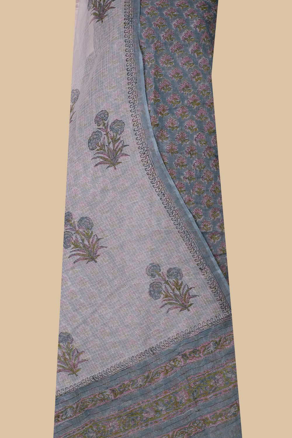 Creamy Blue Block Printed Kota Cotton Suit - Image 2
