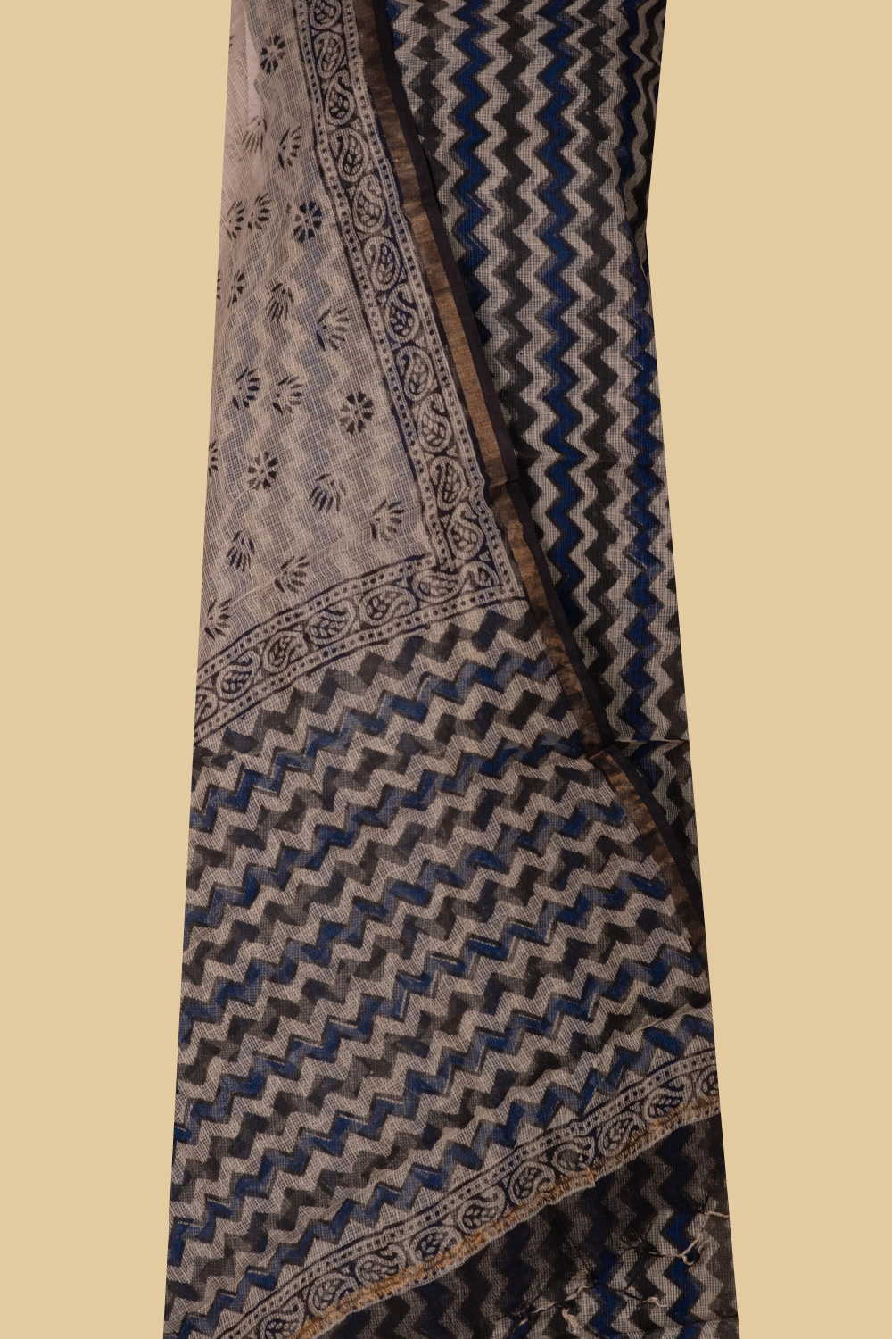 Blue Chevron on Black Block Printed Kota Cotton Suit - Image 2