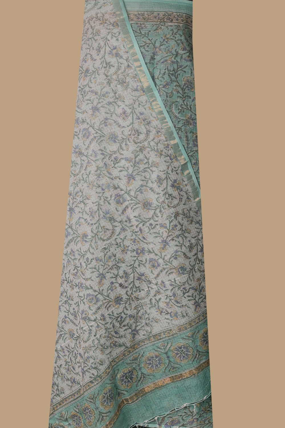 Turquoise Blue Block Printed Kota Cotton Suit - Image 2