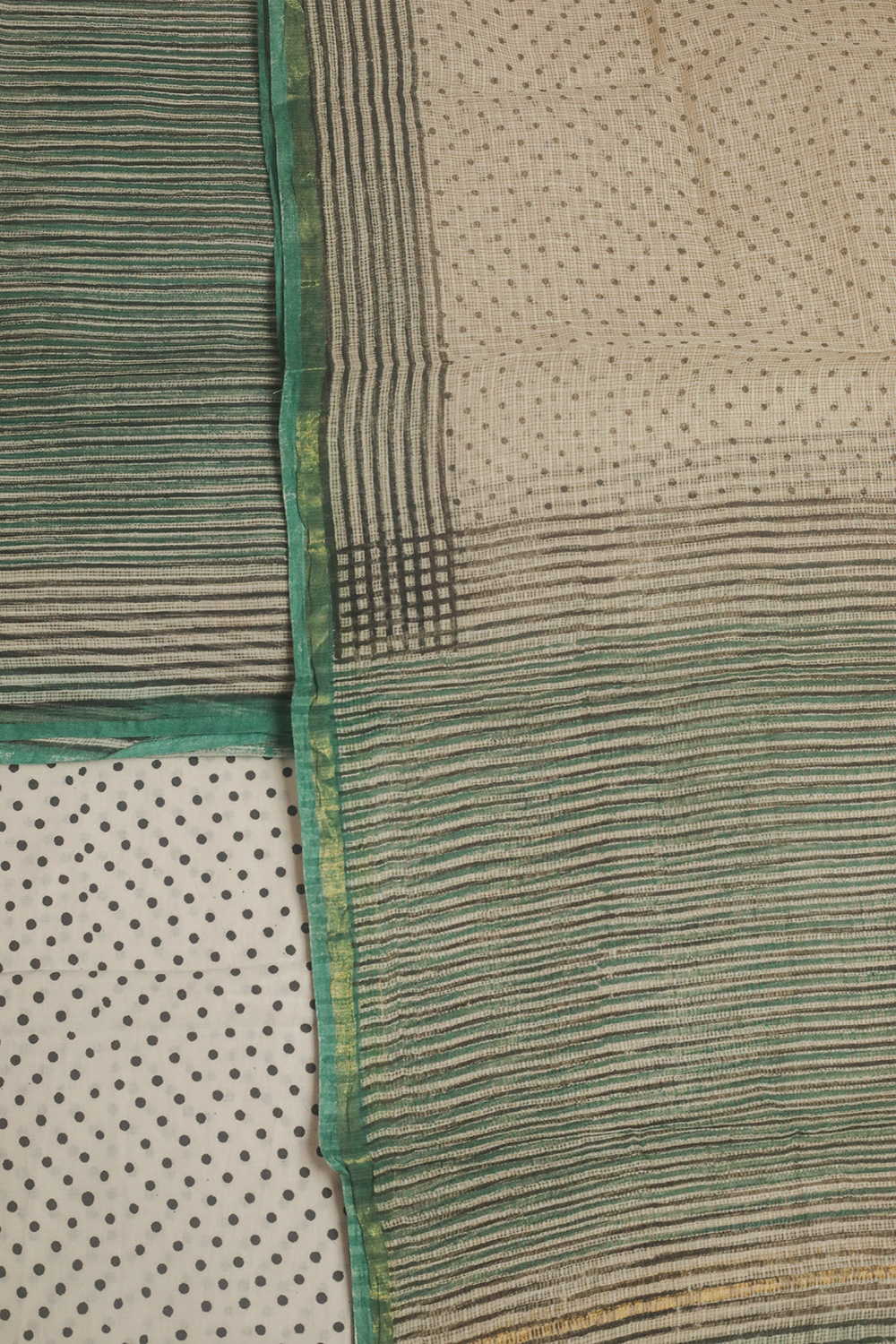 Green Striped Block Printed Kota Cotton Suit - Image 3