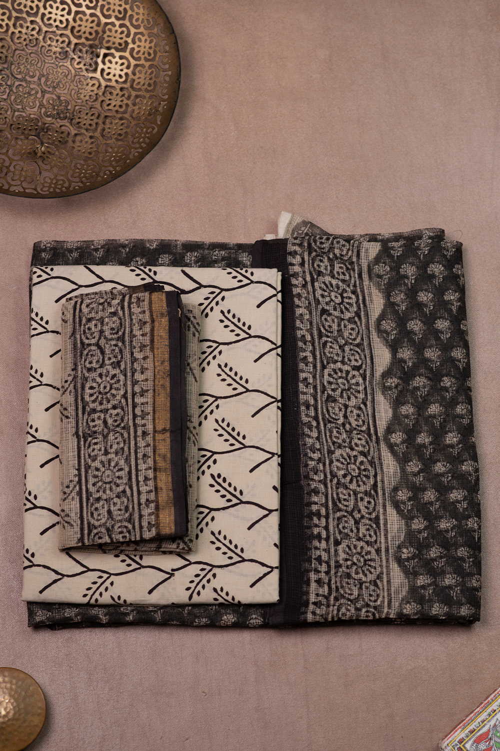 Motifs on Black Block Printed Kota Cotton Suit - Image 2