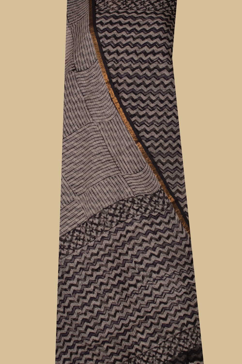 Black Chevron Block Printed Kota Cotton Suit