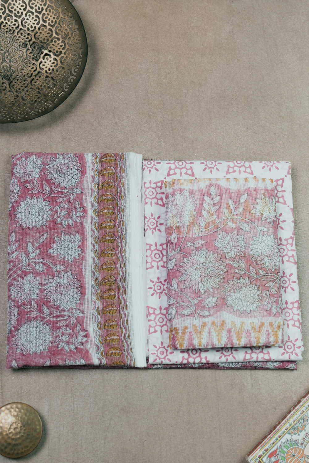Pink with Cream Floral Block Printed Kota Cotton Suit