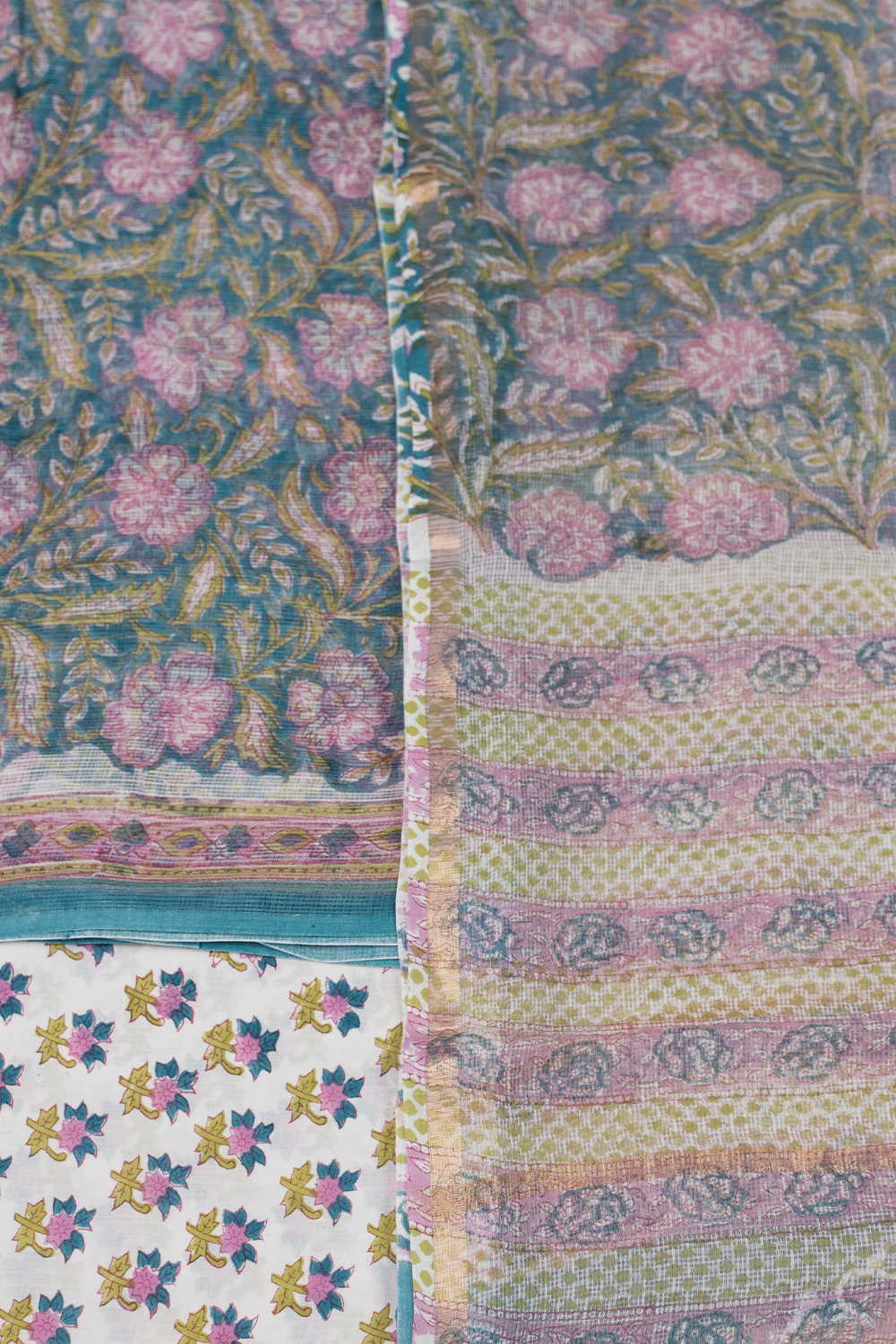 Pink Floral on Blue Block Printed Kota Cotton Suit - Image 3