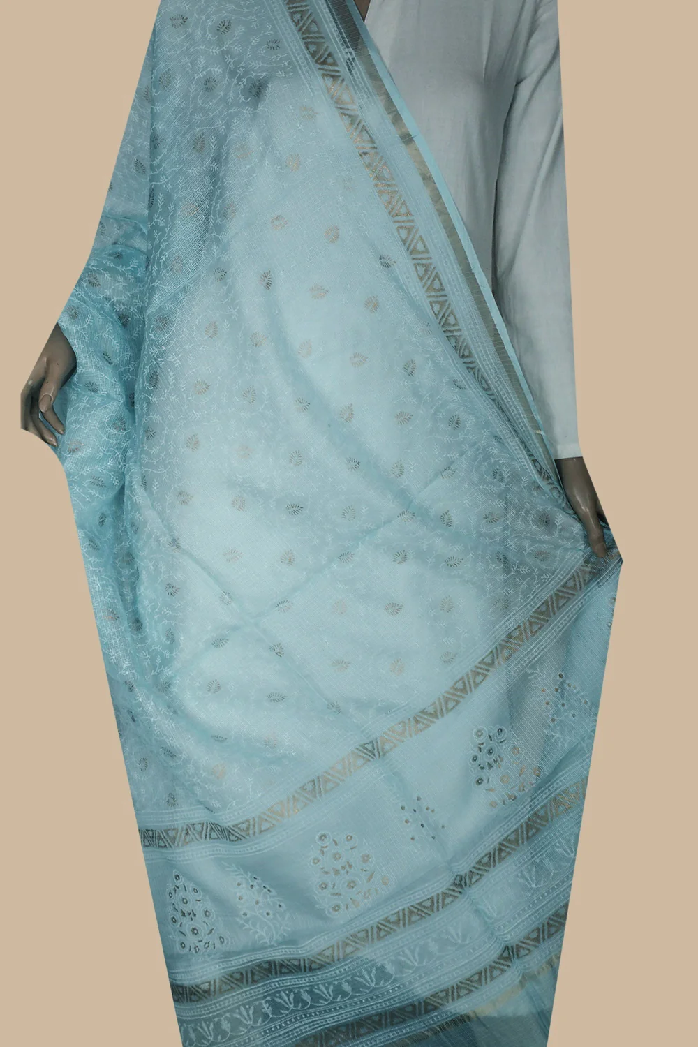 Leafy Floral Block Printed Kota Silk Dupatta