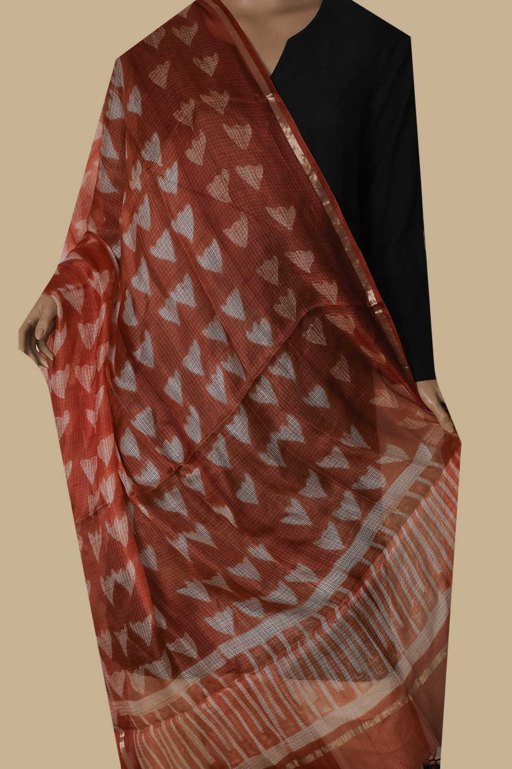 Cream Pattern Block Printed Kota Silk Dupatta
