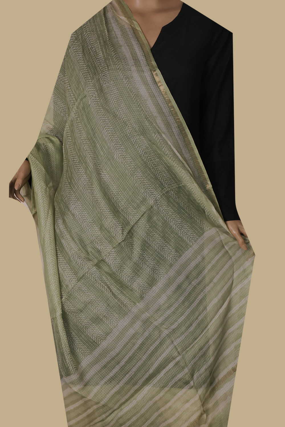 Light Green Block Printed Kota Silk Dupatta