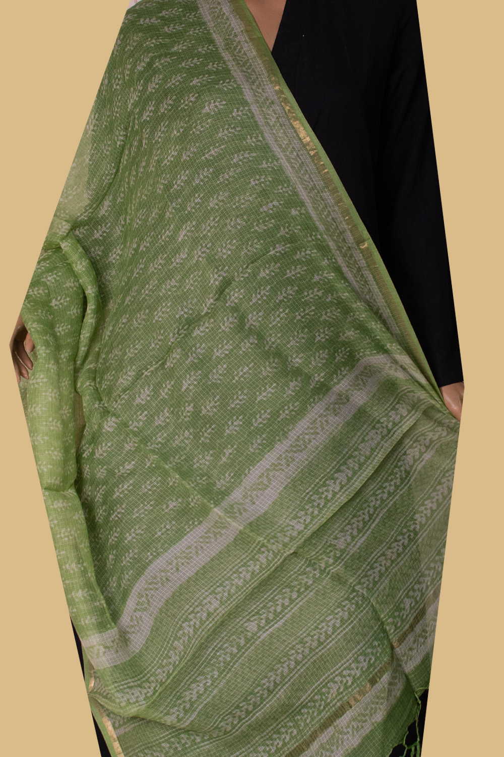 Green Block Printed Kota Silk Dupatta