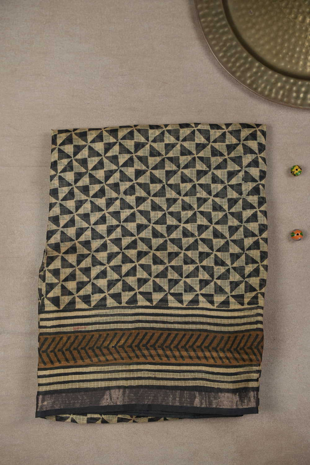 Black Patterns on Cream Block Printed Kota Silk saree