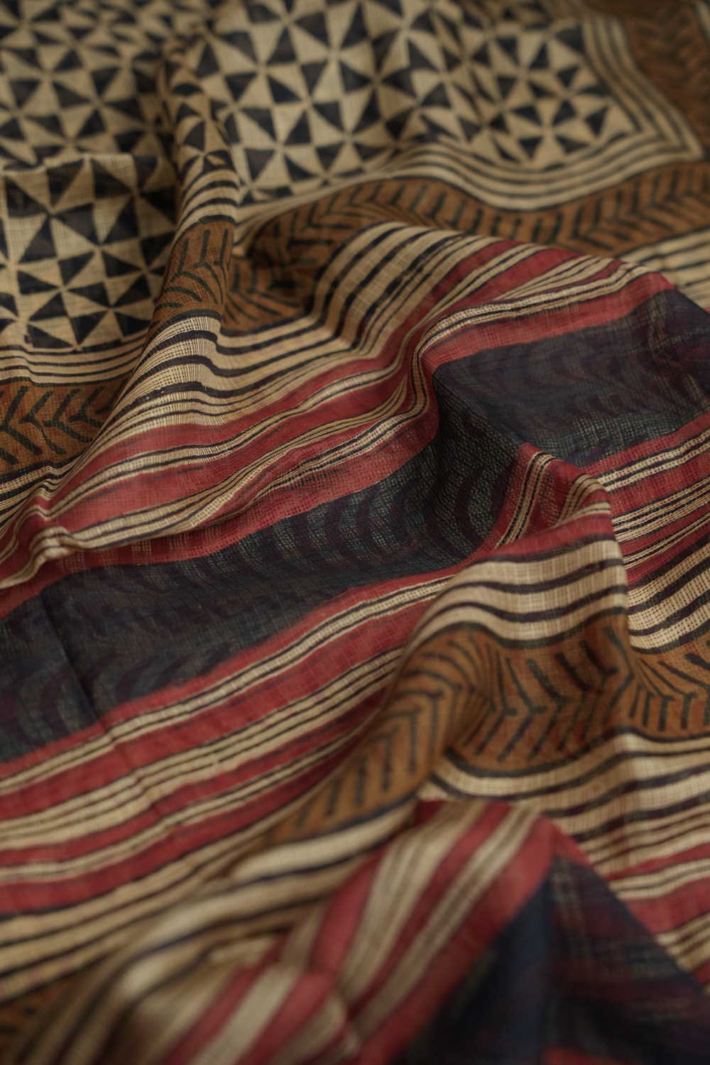 Black Patterns on Cream Block Printed Kota Silk saree - Image 3
