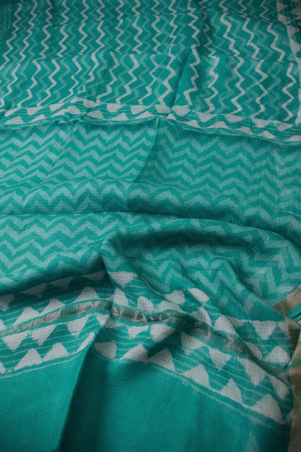 Dark Green Block Printed Kota Silk saree - Image 3