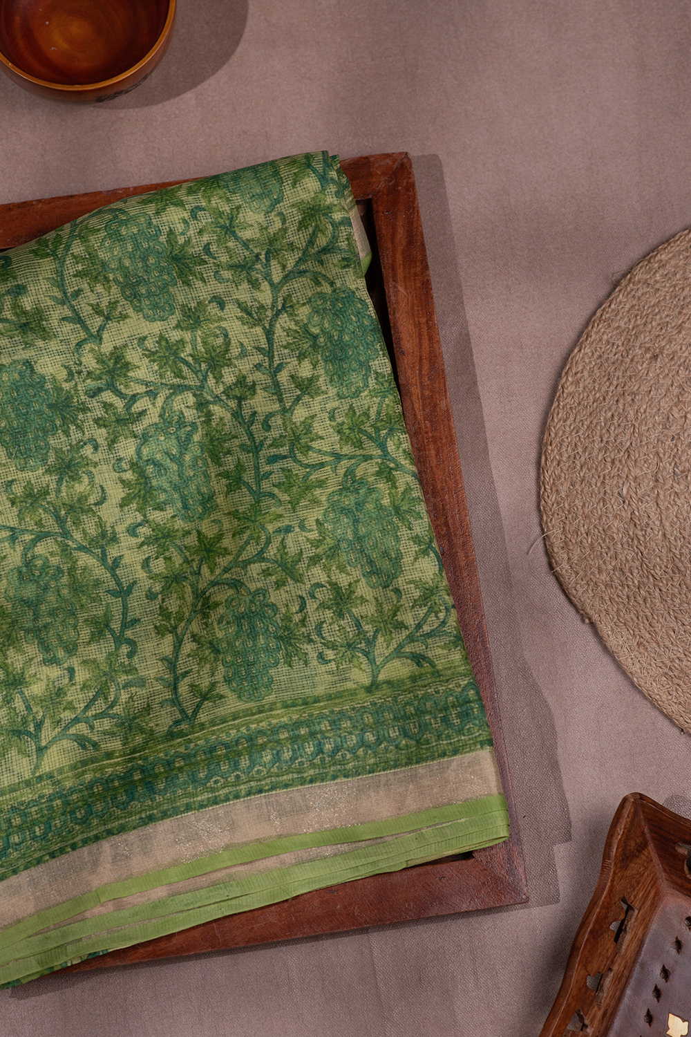 Green Garden Block Printed Kota Silk saree