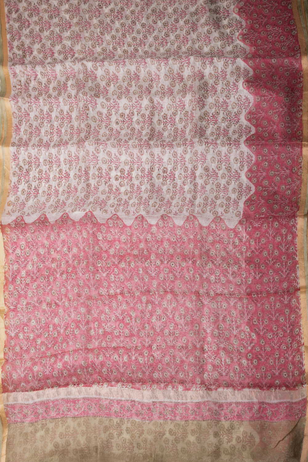 Cream with Pink Block Printed Kota Silk saree - Image 2