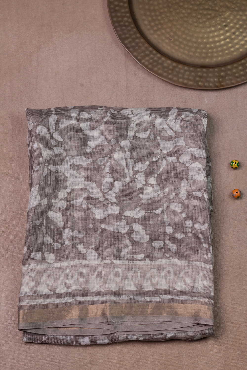Grey Floral Block Printed Kota Silk saree