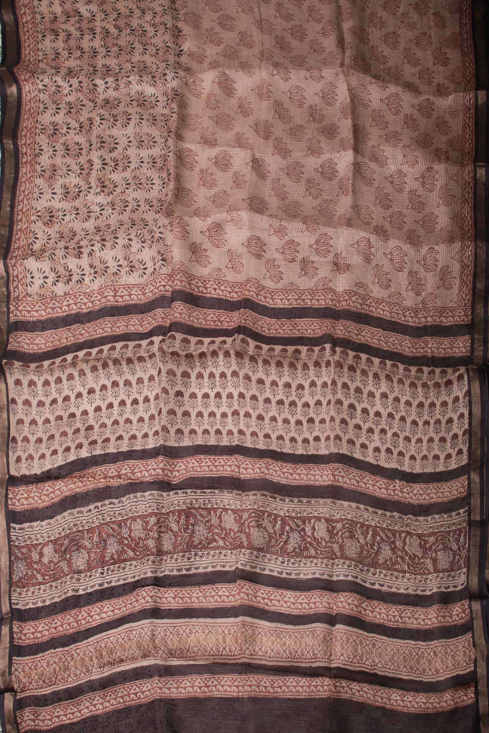 Cream Block Printed Kota Silk saree - Image 2